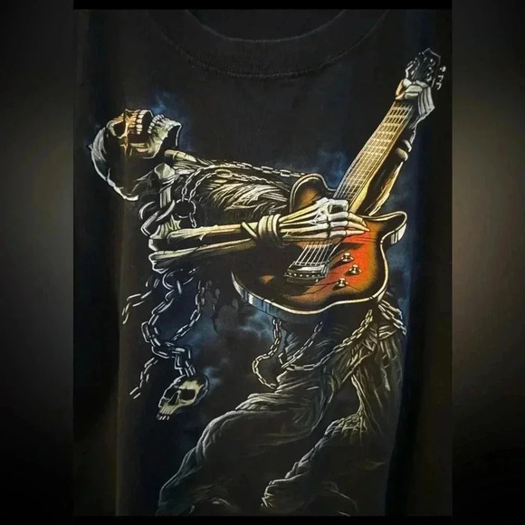 VTG Y2K Gothic Skeleton Playing Guitar Black Tshirt XL Unisex 100% Cotton Anvil - Picture 3 of 10